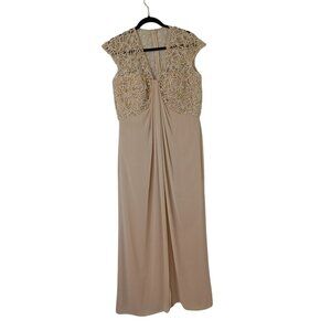 Tadashi Shoji Evening Gown Gold Beaded Lace Cap Sleeves Pleated Front Sz 14